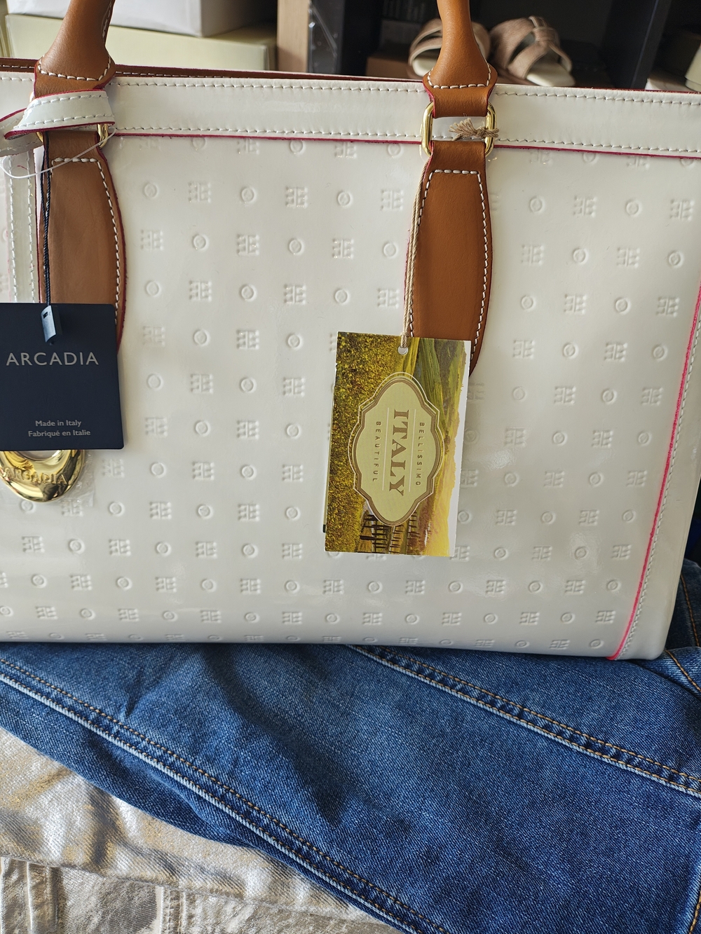 Arcadia White Tote with Brown Handles and Pink Trim